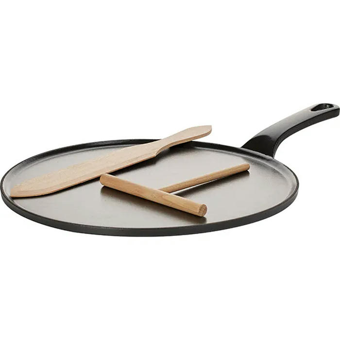 Сковорода для блинов с лопаткой и шпателем чугун,дерево D=300,H=45,L=430мм черный,бежев